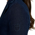 Equestro Women's 3-Button Denim Show Coat - Blue Denim; shoulder logo detail | Equestrian Competition Jackets | Malvern Saddlery