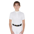 Equestro Girls Slim Fit Competition Polo Shirt with mesh insert - White; close up shown on model on white background |  Young Rider Show Shirts | Malvern Saddlery
