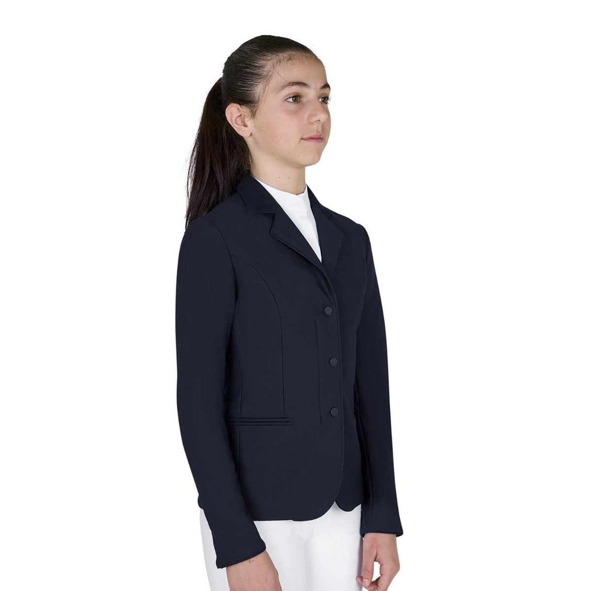 Equestro Children's Unisex Zip Competition Jacket - Navy Blazer; shown on young rider on white background | Malvern Saddlery