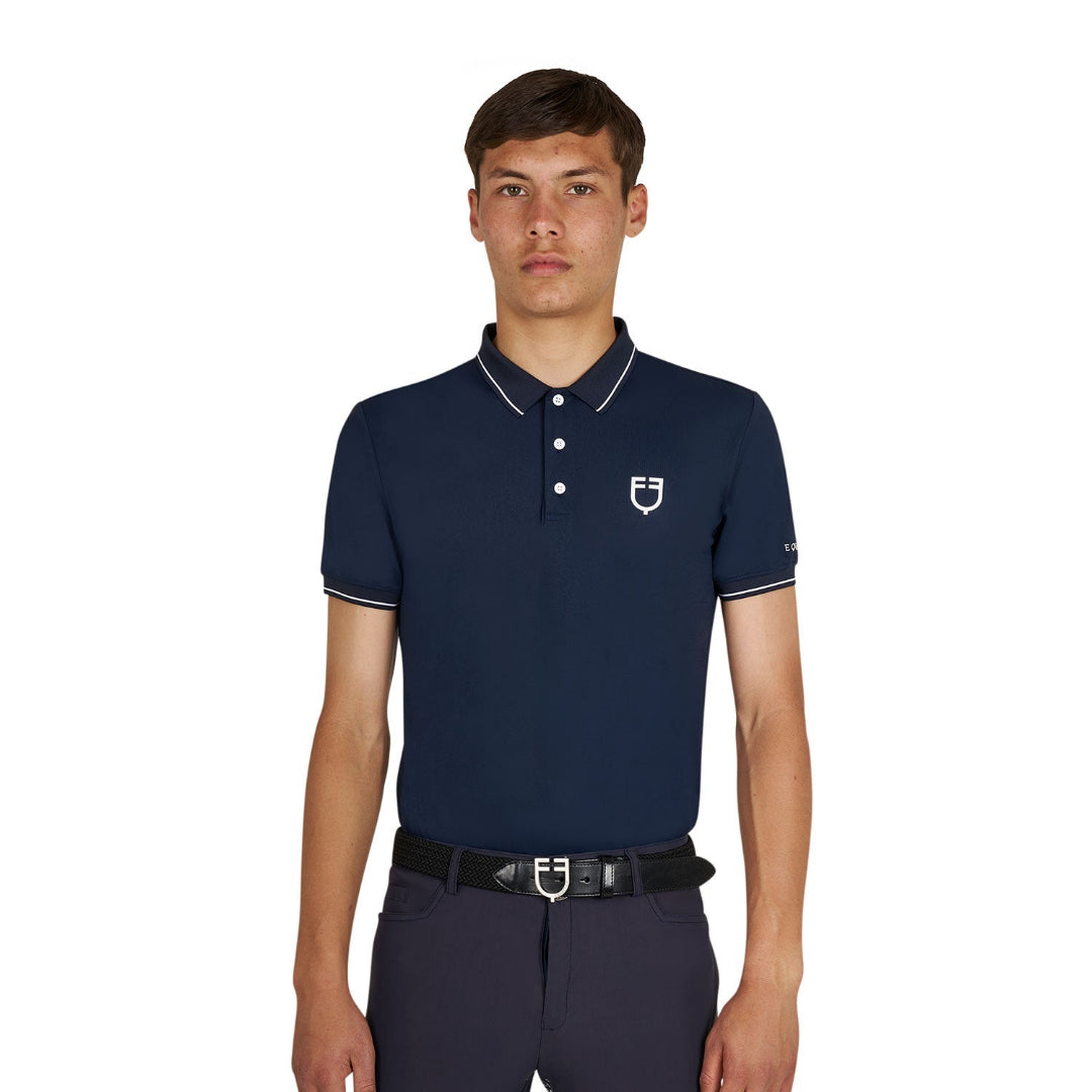 Equestro Men's Training Polo Shirt - Navy Blazer with White contrast details; shown on model on white background | Men's Riding Apparel | Malvern Saddlery