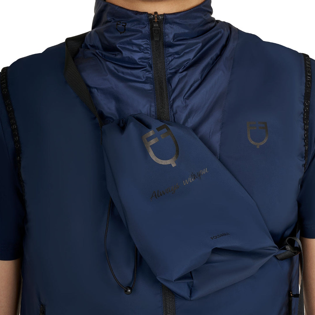 Equestro Men's Packable Vest - Navy Blazer; close up with crossbody strap/pouch shown on man on white background | Men's Riding Apparel | Malvern Saddlery