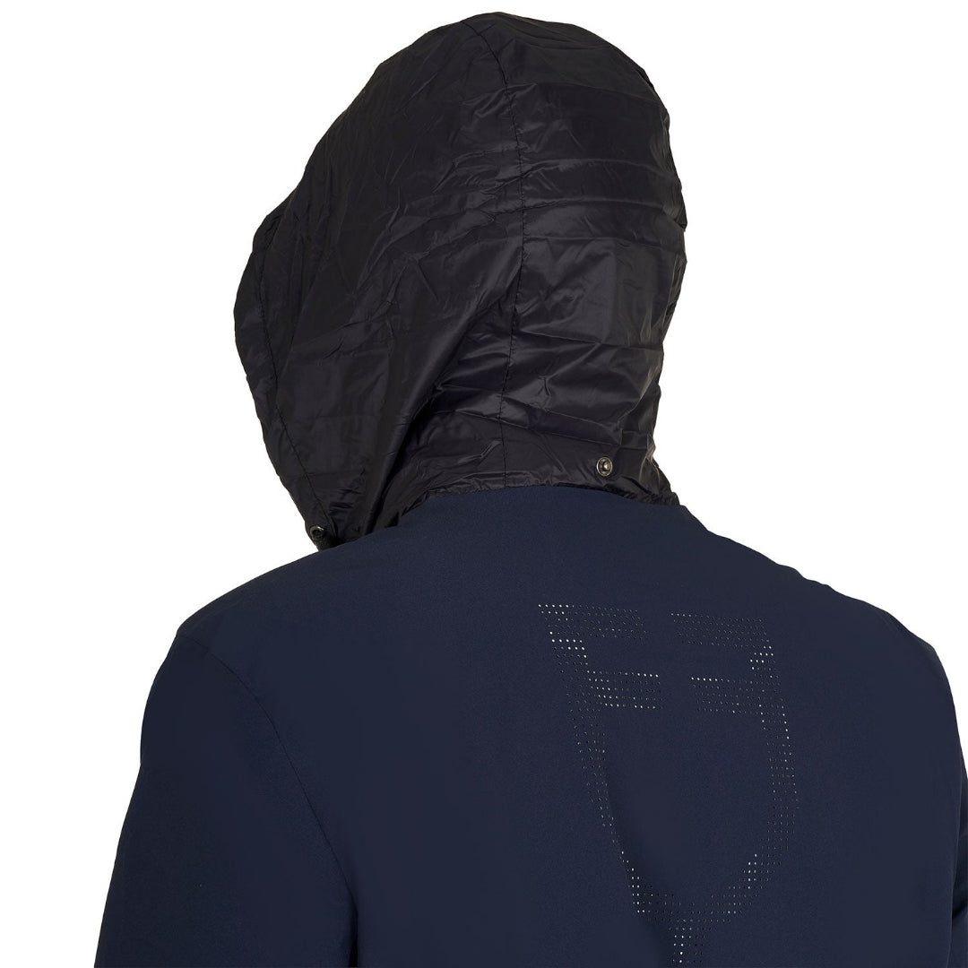 Equestro Men's Softshell Jacket - Navy Blazer; back view close up with hood up  | Men's Riding Apparel | Malvern Saddlery
