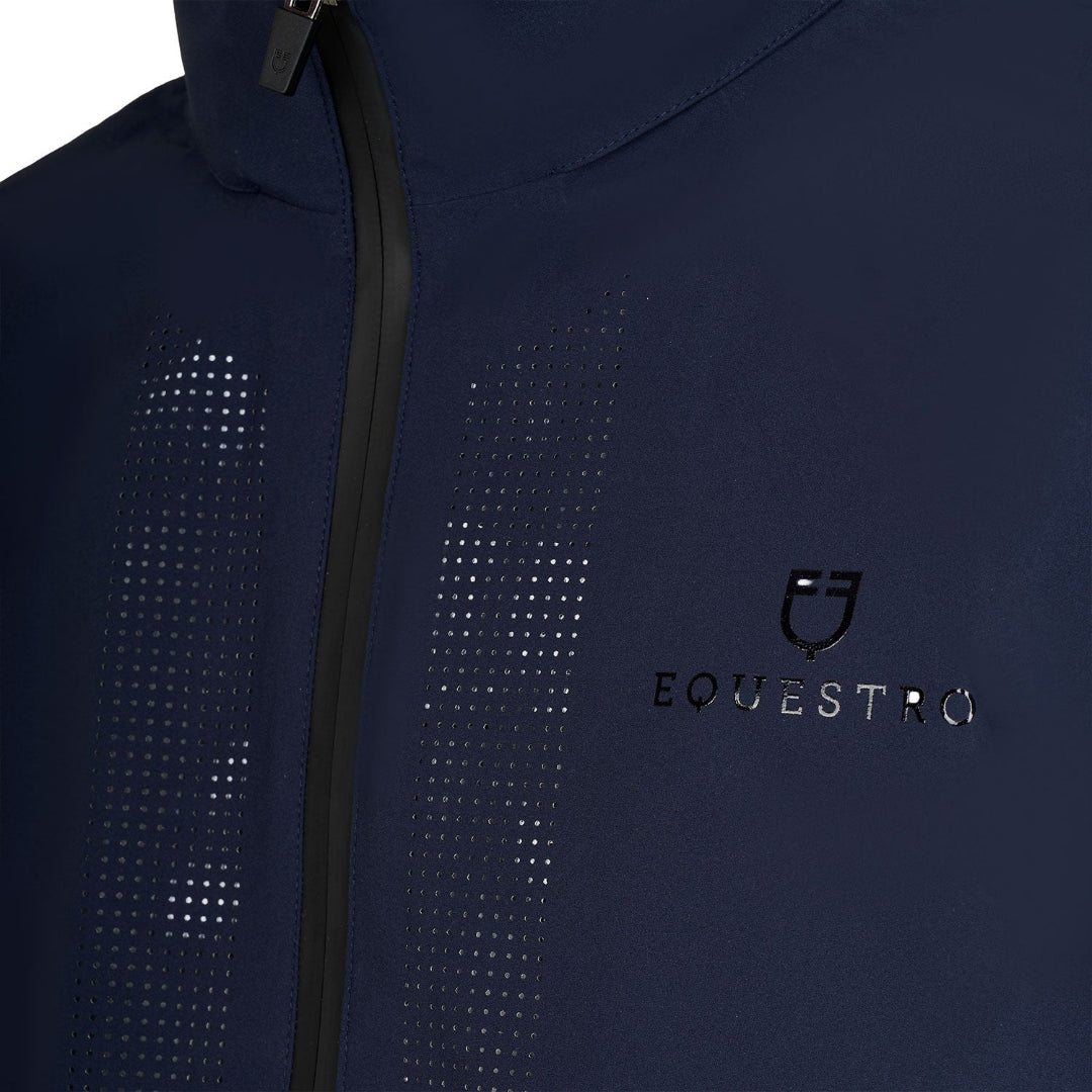 Equestro Men's Softshell Jacket - Navy Blazer; close up zipper/perforated area | Men's Riding Apparel | Malvern Saddlery