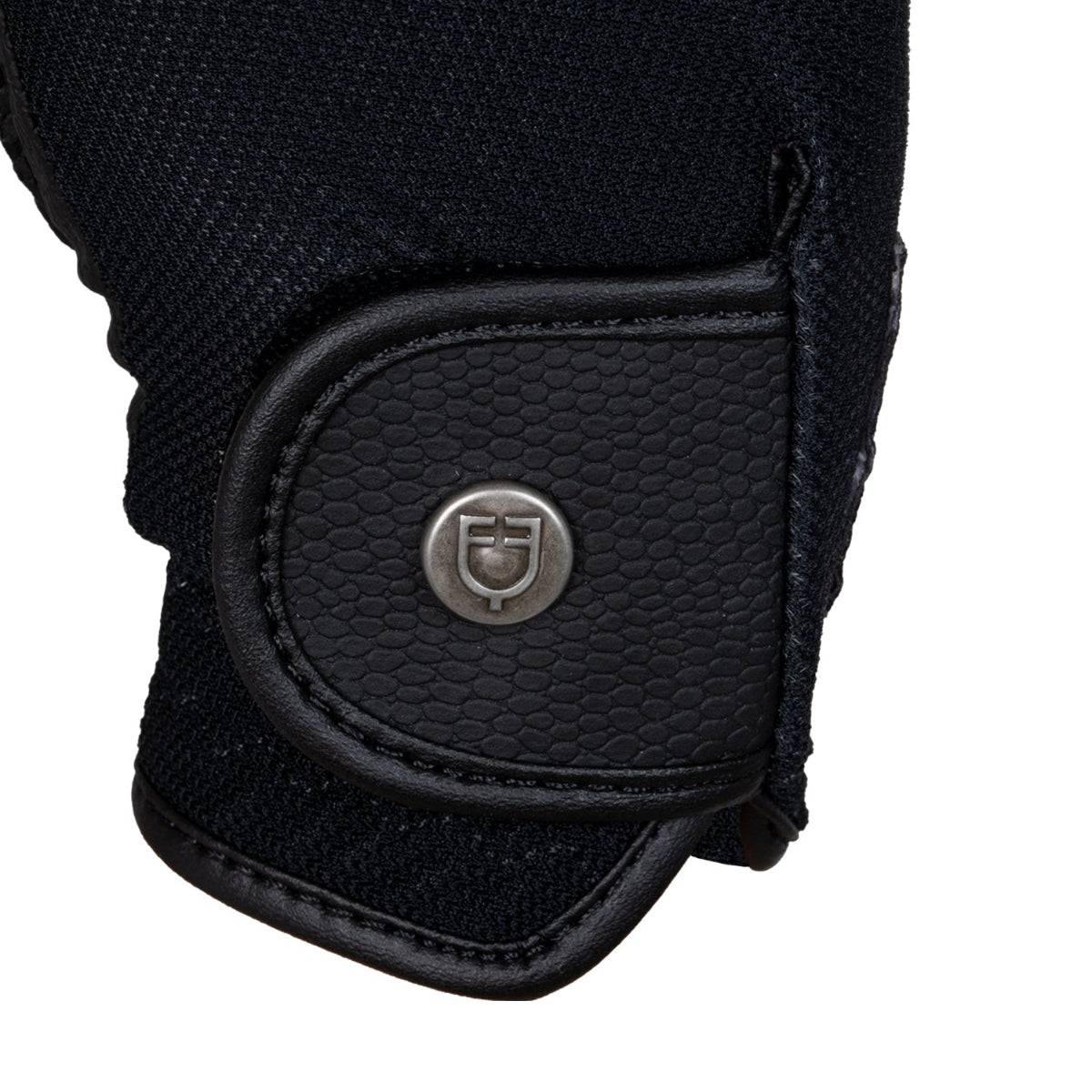 Equestro Unisex Technical Mesh Gloves - Black; button logo close up | Riding Accessories | Malvern Saddlery