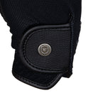 Equestro Unisex Technical Mesh Gloves - Black; button logo close up | Riding Accessories | Malvern Saddlery
