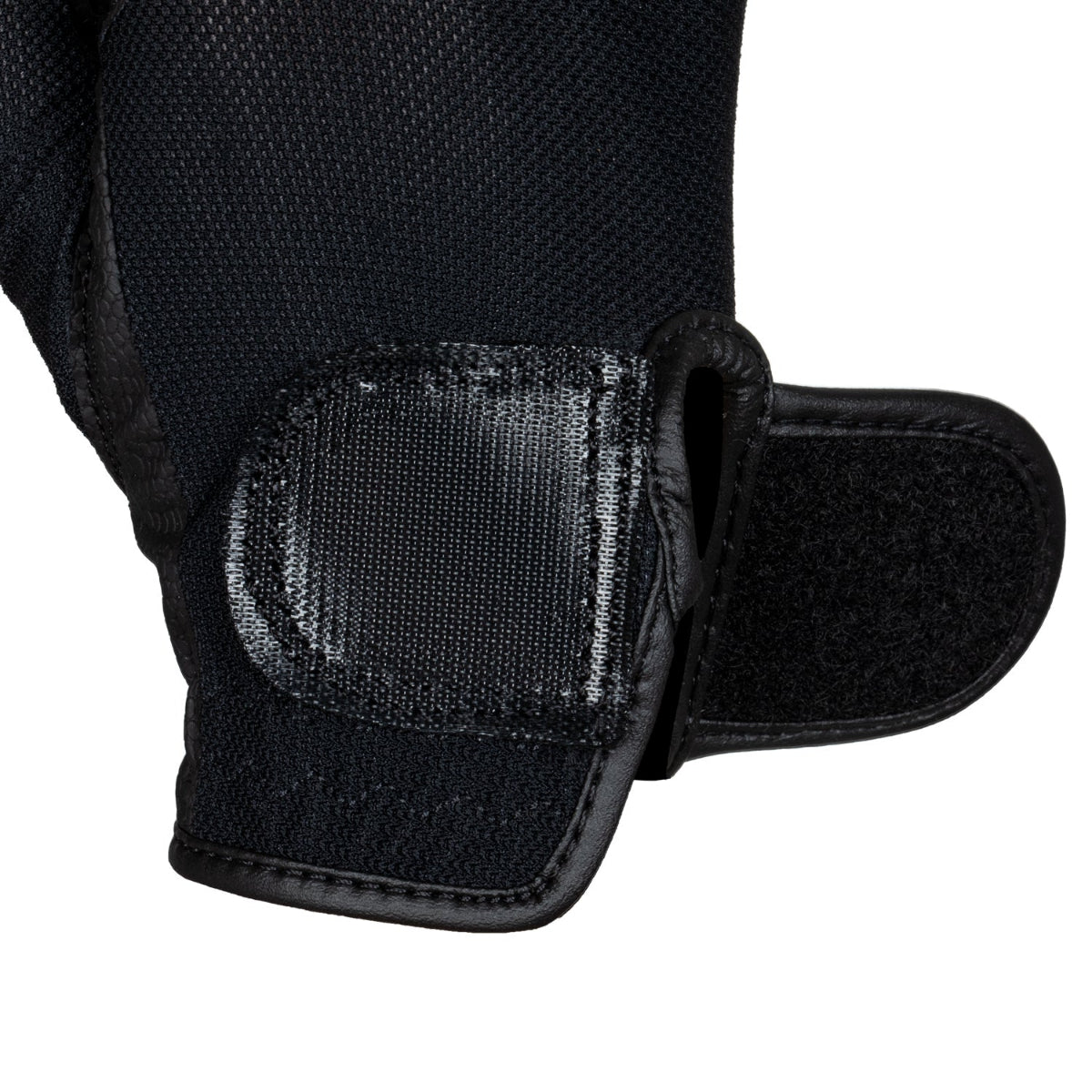 Equestro Unisex Technical Mesh Gloves - Black; velcro piece open view | Riding Accessories | Malvern Saddlery