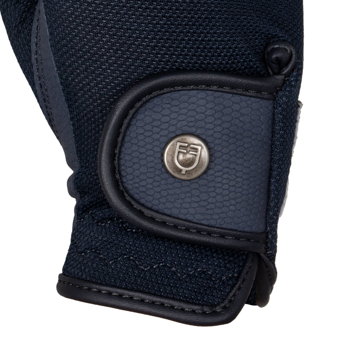 Equestro Unisex Technical Mesh Gloves - Navy; close up logo on velcro wrap | Riding Accessories | Malvern Saddlery