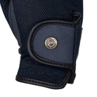 Equestro Unisex Technical Mesh Gloves - Navy; close up logo on velcro wrap | Riding Accessories | Malvern Saddlery