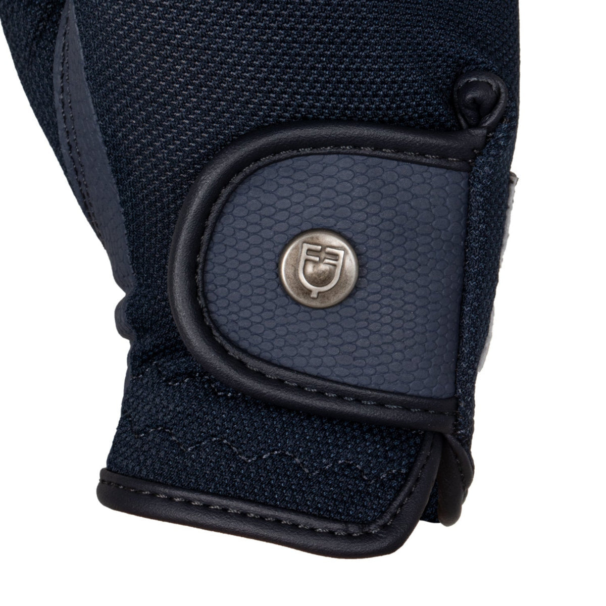 Equestro Unisex Technical Mesh Gloves - Navy; close up logo on velcro wrap | Riding Accessories | Malvern Saddlery