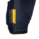 Equestro Unisex Technical Mesh Gloves - Navy; close up brand label on side of glove | Riding Accessories | Malvern Saddlery