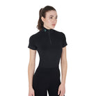 Equestro Women's Mesh Slim Fit Short Sleeve Base Layer - Black with Emerald Logo on Collar | Training Shirts | Malvern Saddlery