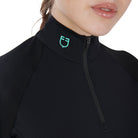 Equestro Women's Mesh Slim Fit Short Sleeve Base Layer - Black with Emerald Logo on Collar; collar detail | Training Shirts | Malvern Saddlery