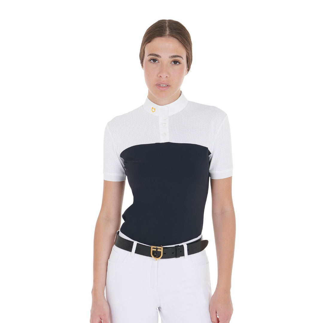 Equestro Women's Mesh Slim Fit Polo Shirt - Navy & White; shown on model, white background | Show Shirts | Malvern Saddlery