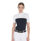 Equestro Women's Mesh Slim Fit Polo Shirt - Navy & White; shown on model, white background | Show Shirts | Malvern Saddlery