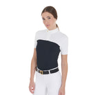 Equestro Women's Mesh Slim Fit Polo Shirt - Navy & White; shown on model, white background | Show Shirts | Malvern Saddlery