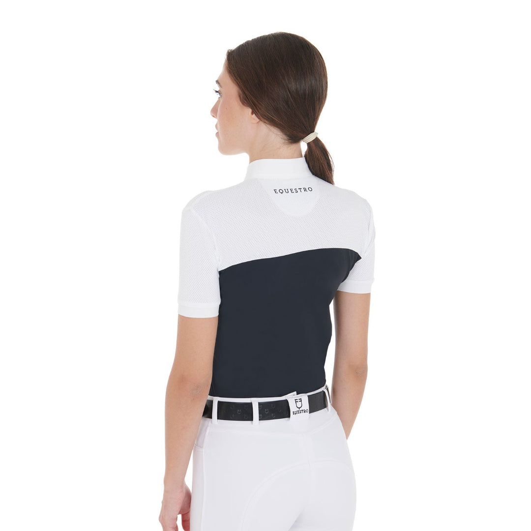 Equestro Women's Mesh Slim Fit Polo Shirt - Navy & White; back view shown on model, white background | Show Shirts | Malvern Saddlery