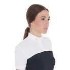 Equestro Women's Mesh Slim Fit Polo Shirt - Navy & White; close up head, shoulders shown on model, white background | Show Shirts | Malvern Saddlery