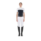 Equestro Women's Mesh Slim Fit Polo Shirt - Navy & White; full body shown on model, white background | Show Shirts | Malvern Saddlery