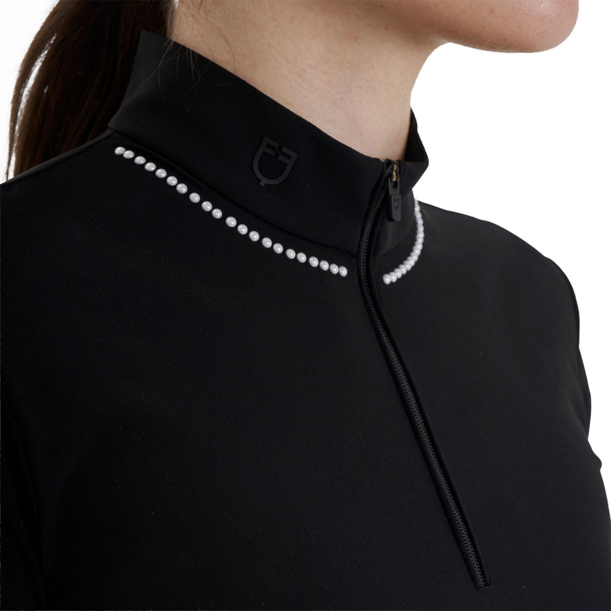 Equestro Women's Training Polo Quarter Zip with beaded collar detail - Black; collar detail shown on woman, white background | Riding Shirts | Malvern Saddlery