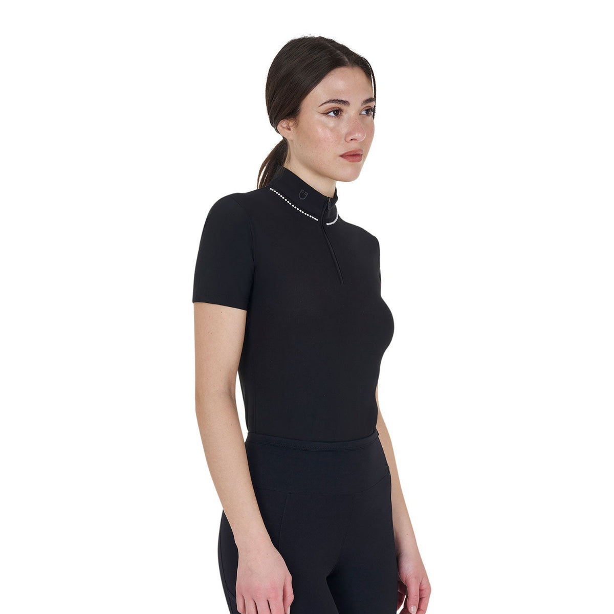 Equestro Women's Training Polo Quarter Zip with beaded collar detail - Black; shown on woman, white background | Riding Shirts | Malvern Saddlery