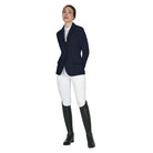 Equestro Women's Girasol Competition Jacket - Navy Blazer; full body image shown on model wearing white breeches & black riding boots, white background | Equestrian Show Coats | Malvern Saddlery