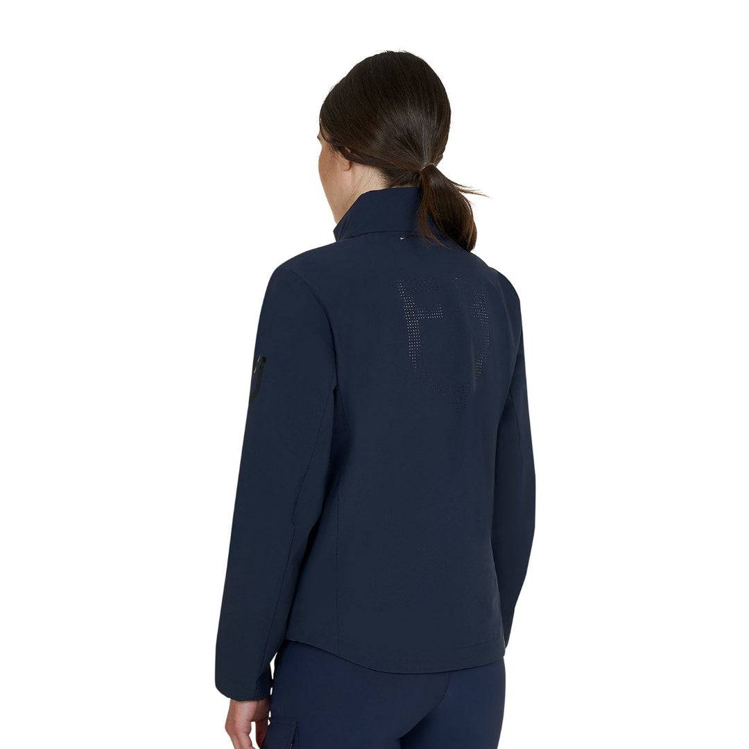 Equestro Women's Foldable Softshell Jacket - Navy Blazer; back view, worn by model on white background | Malvern Saddlery