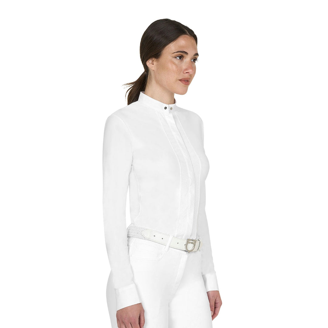 Equestro Women's Long Sleeve Competition Shirt - White; shown on model on white background | Show Shirts | Malvern Saddlery