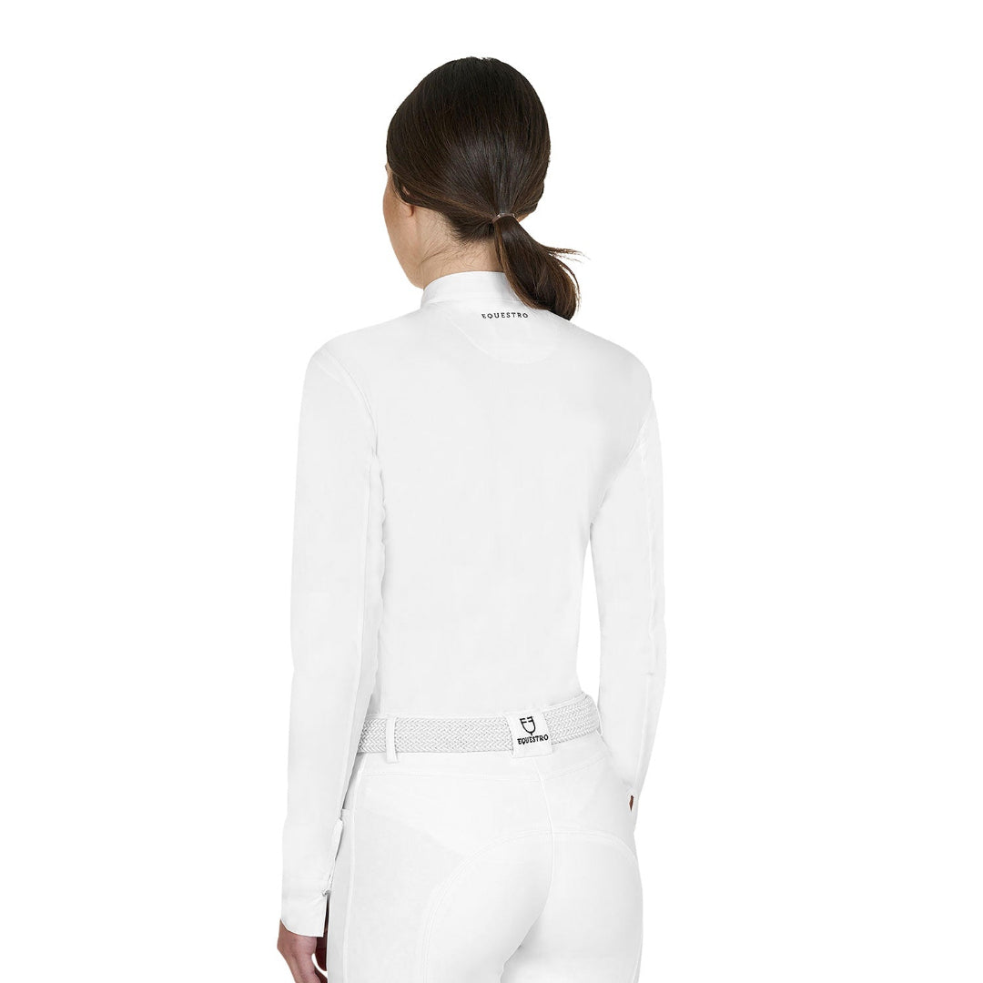 Equestro Women's Long Sleeve Competition Shirt - White; back view shown on model on white background | Show Shirts | Malvern Saddlery