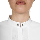 Equestro Women's Long Sleeve Competition Shirt - White; close up of collar shown on model on white background | Show Shirts | Malvern Saddlery