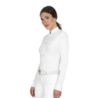 Equestro Women's Long Sleeve Competition Shirt - White; shown on model on white background | Show Shirts | Malvern Saddlery
