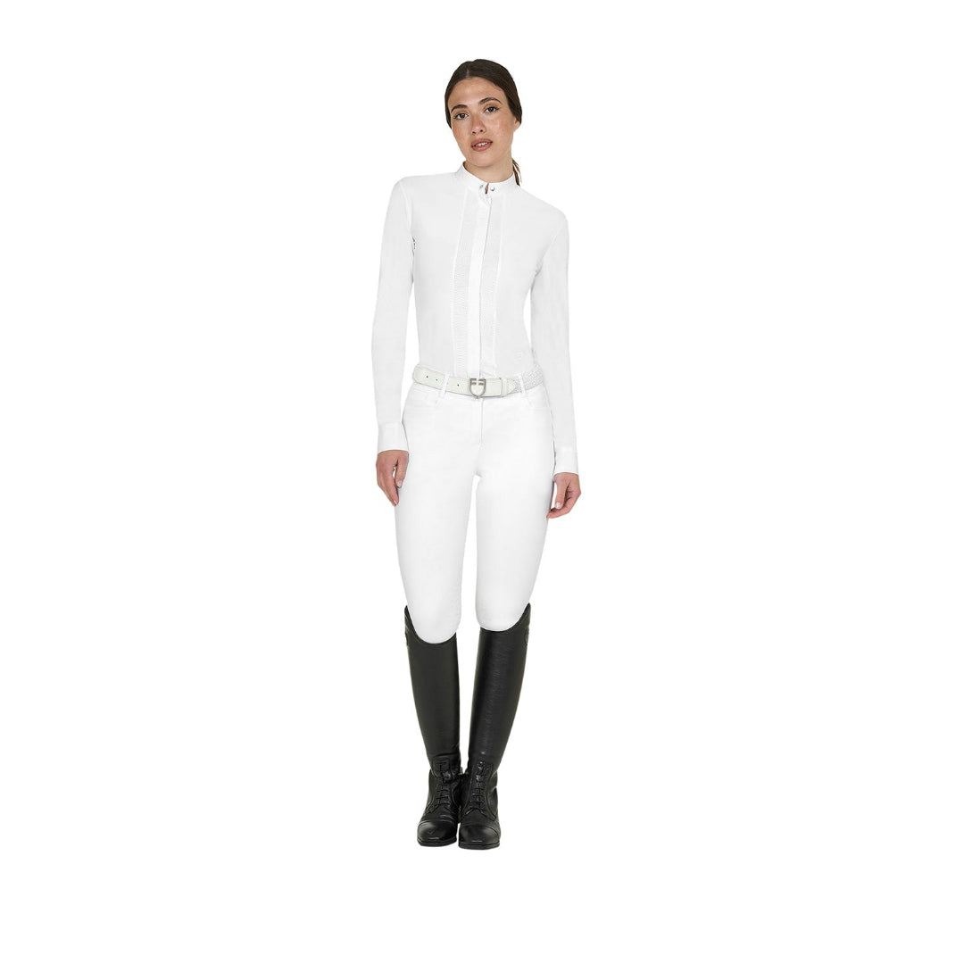 Equestro Women's Long Sleeve Competition Shirt - White; full body shown on model on white background | Show Shirts | Malvern Saddlery