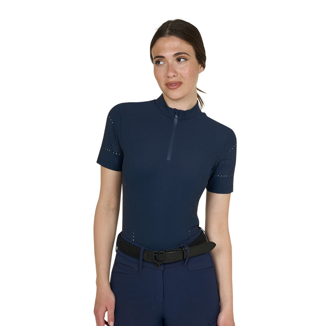 Equestro Women's Technical Training T-Shirt with Perforations - Navy; shown on model, white background  | Equestrian Riding Shirts | Malvern Saddlery