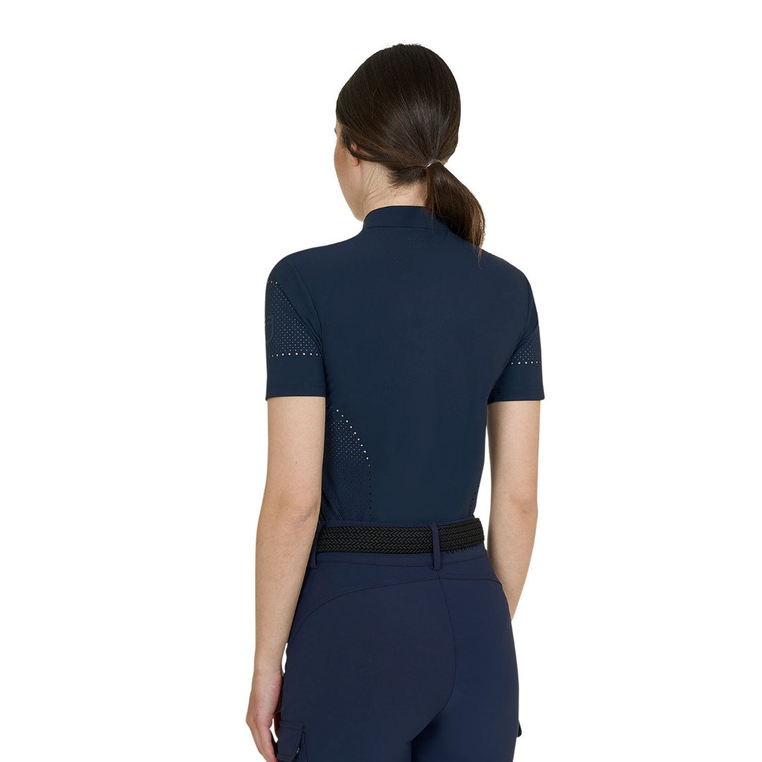 Equestro Women's Technical Training T-Shirt with Perforations - Navy; back view shown on model, white background  | Equestrian Riding Shirts | Malvern Saddlery