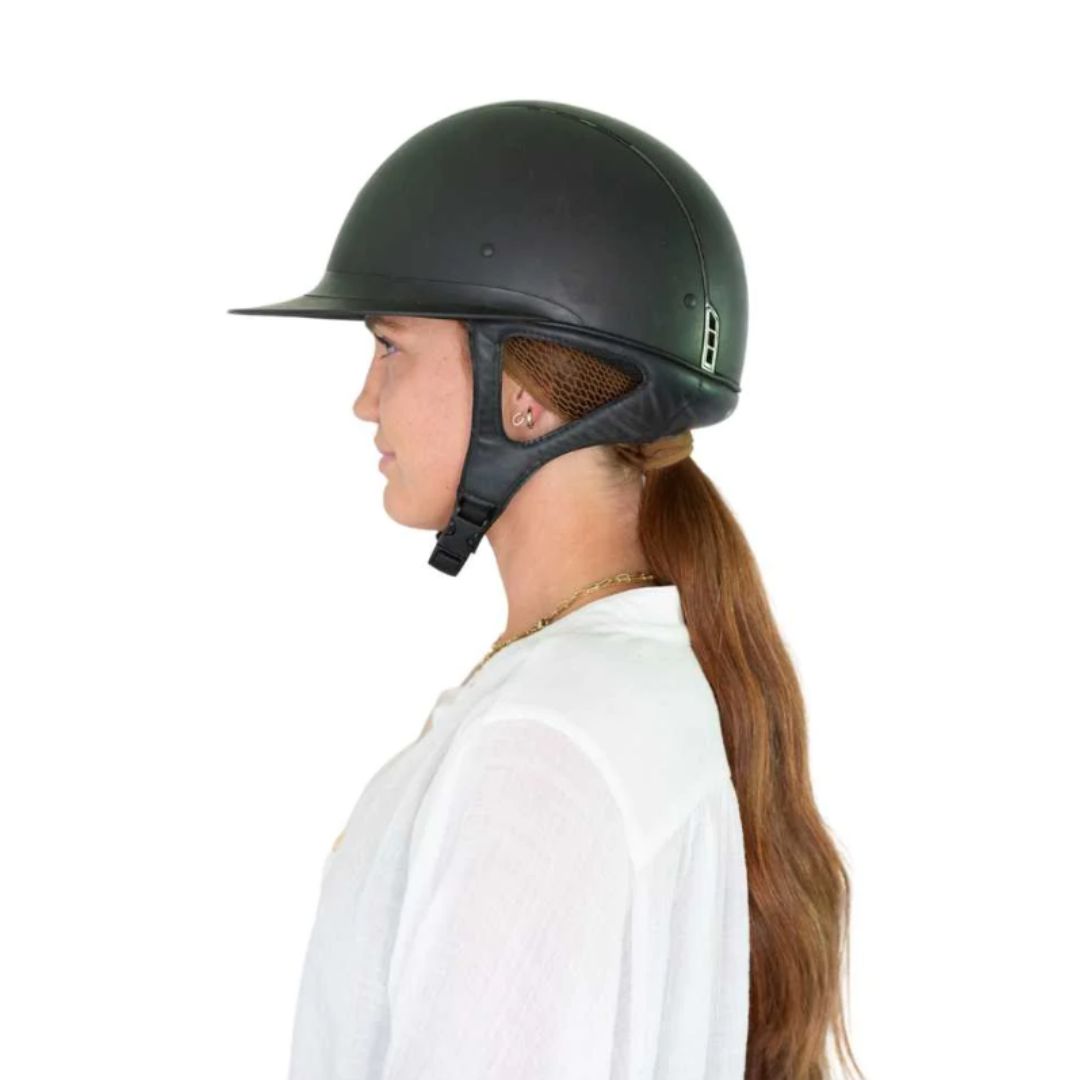 Ellsworth The Ponytail Hairnet - Auburn, side view with helmet | Malvern Saddlery