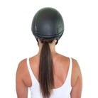 Ellsworth The Ponytail Hairnet - Dark Brown back view with helmet | Malvern Saddlery