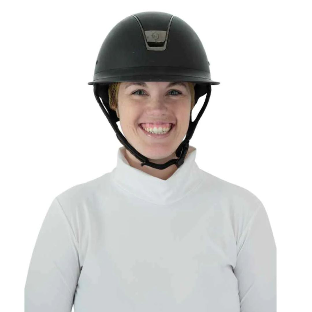 Ellsworth The Ponytail Hairnet - Medium Brown, front view with helmet| Malvern Saddlery