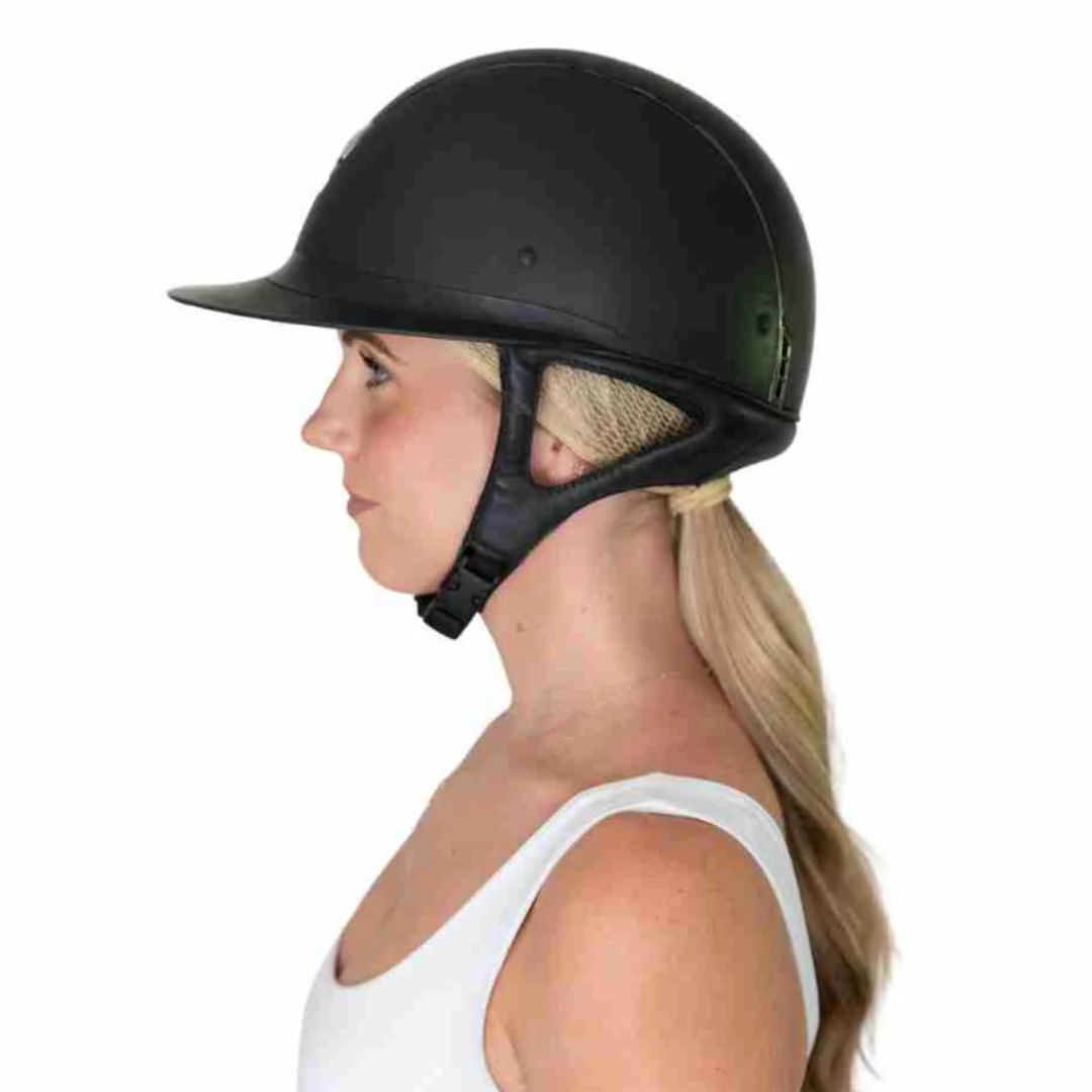 Ellsworth The Ponytail Hairnet - Platinum Blonde, side view with helmet | Malvern Saddlery