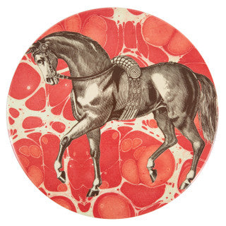 Equestrian Cake Stand - vintage horse print on red marbled background Melamine, top view | Malvern Saddlery