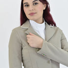 For Horses NORA Show Jacket - Beige; close up shoulders chest shown on woman on white background | Women's Equestrian Competition Coats | Malvern Saddlery