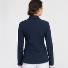 For Horses YAKIE Show Jacket - Navy | Competition Riding Apparel; back view shown on woman | Malvern Saddlery