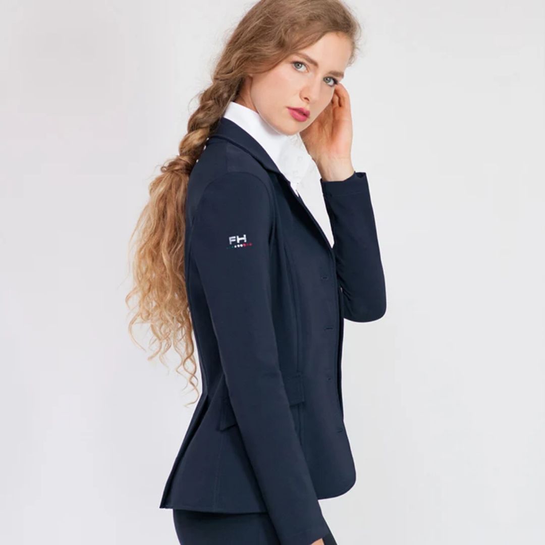 For Horses YAKIE Show Jacket - Navy | Competition Riding Apparel; right side shown on woman on gray background | Malvern Saddlery