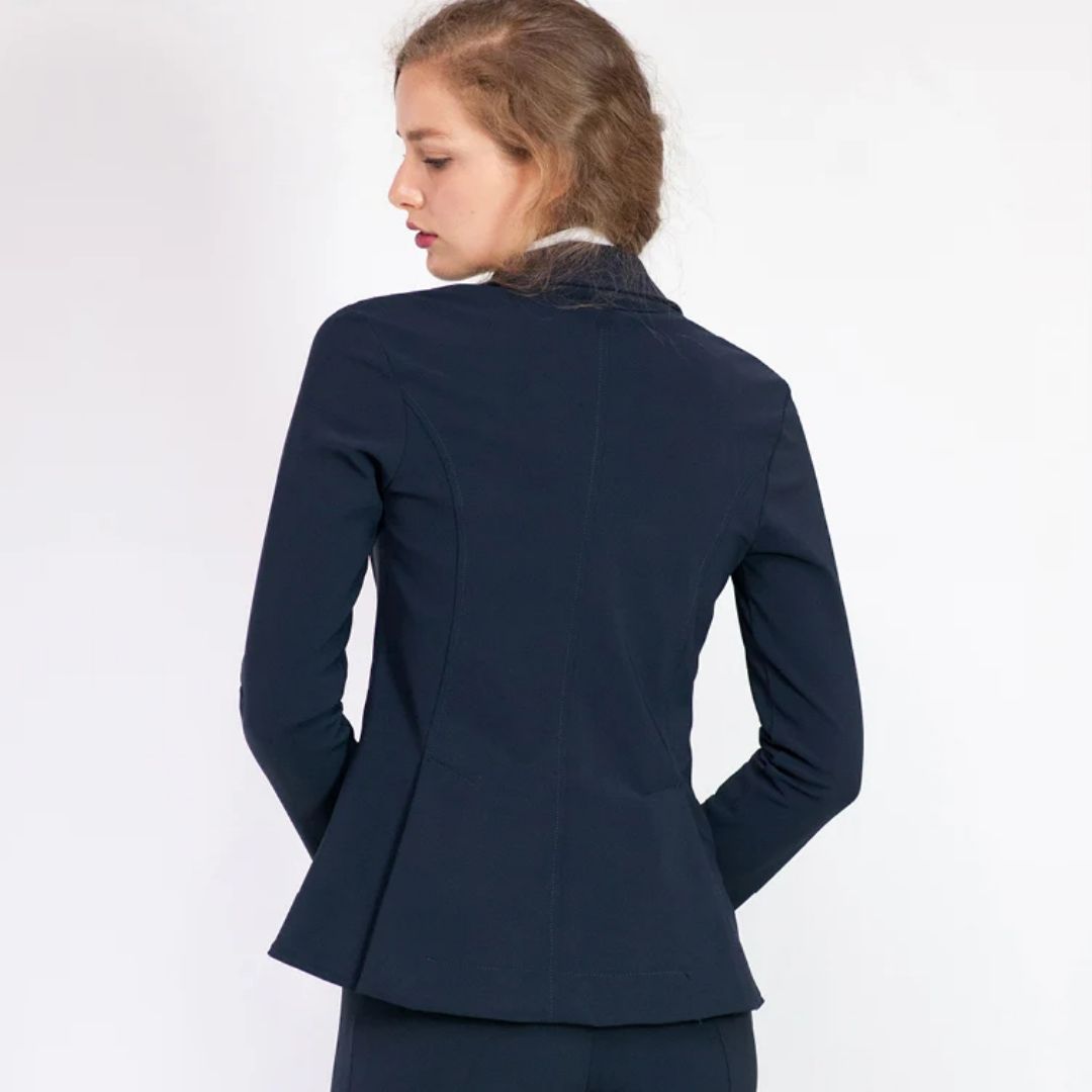 For Horses YAKIE Show Jacket - Navy | Competition Riding Apparel; back view shown on woman on gray background | Malvern Saddlery