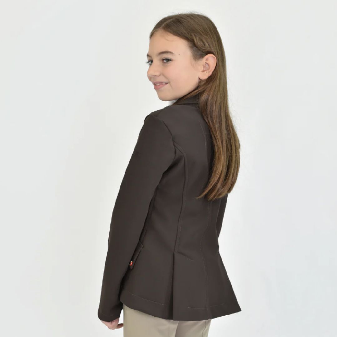 For Horses Winx Hunter Girls Show Jacket - Brown; back/side view shown on young rider  | Young Rider Competition Clothing | Malvern Saddlery