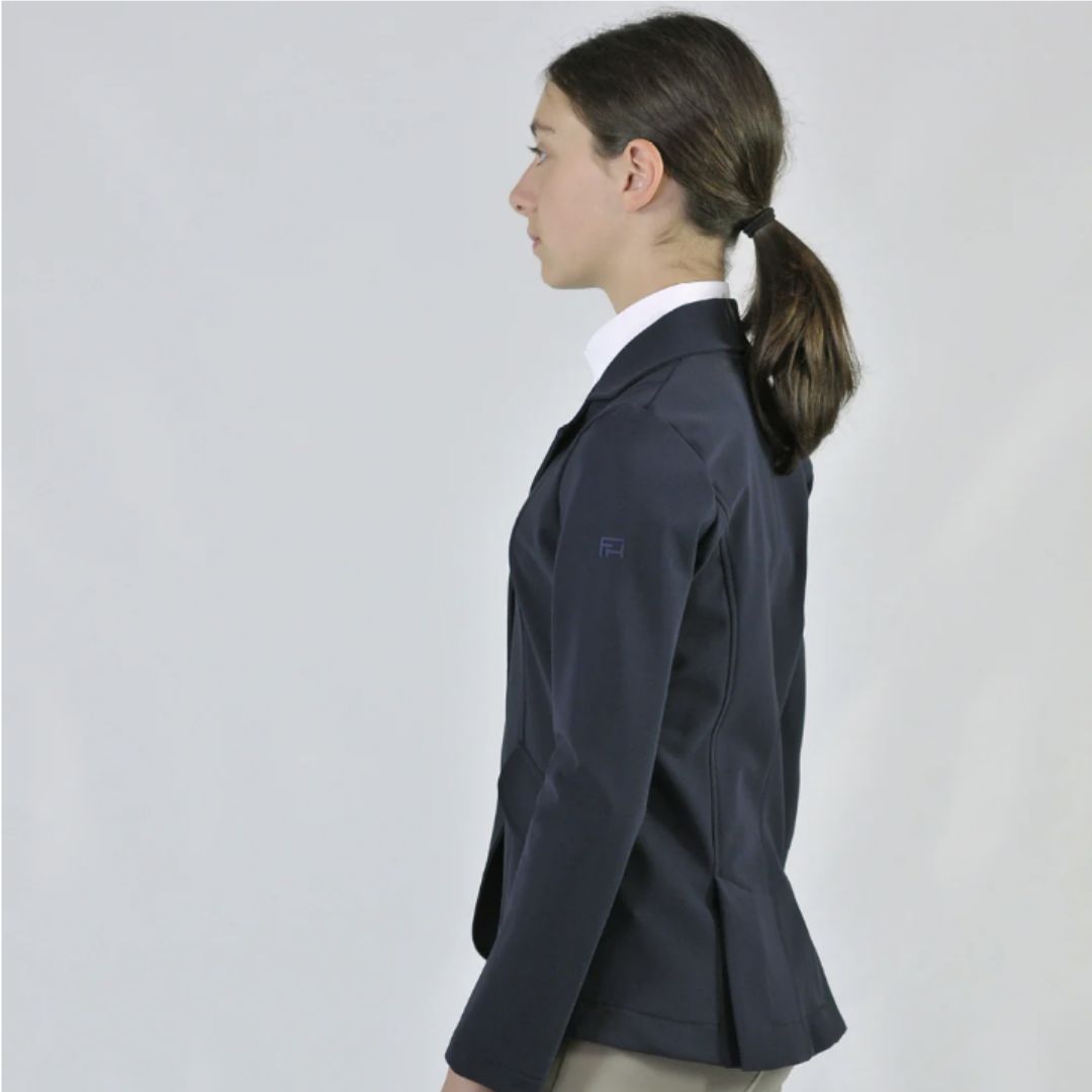 For Horses Winx Hunter Girls Show Jacket - Navy; side view shown on young rider  | Young Rider Competition Clothing | Malvern Saddlery