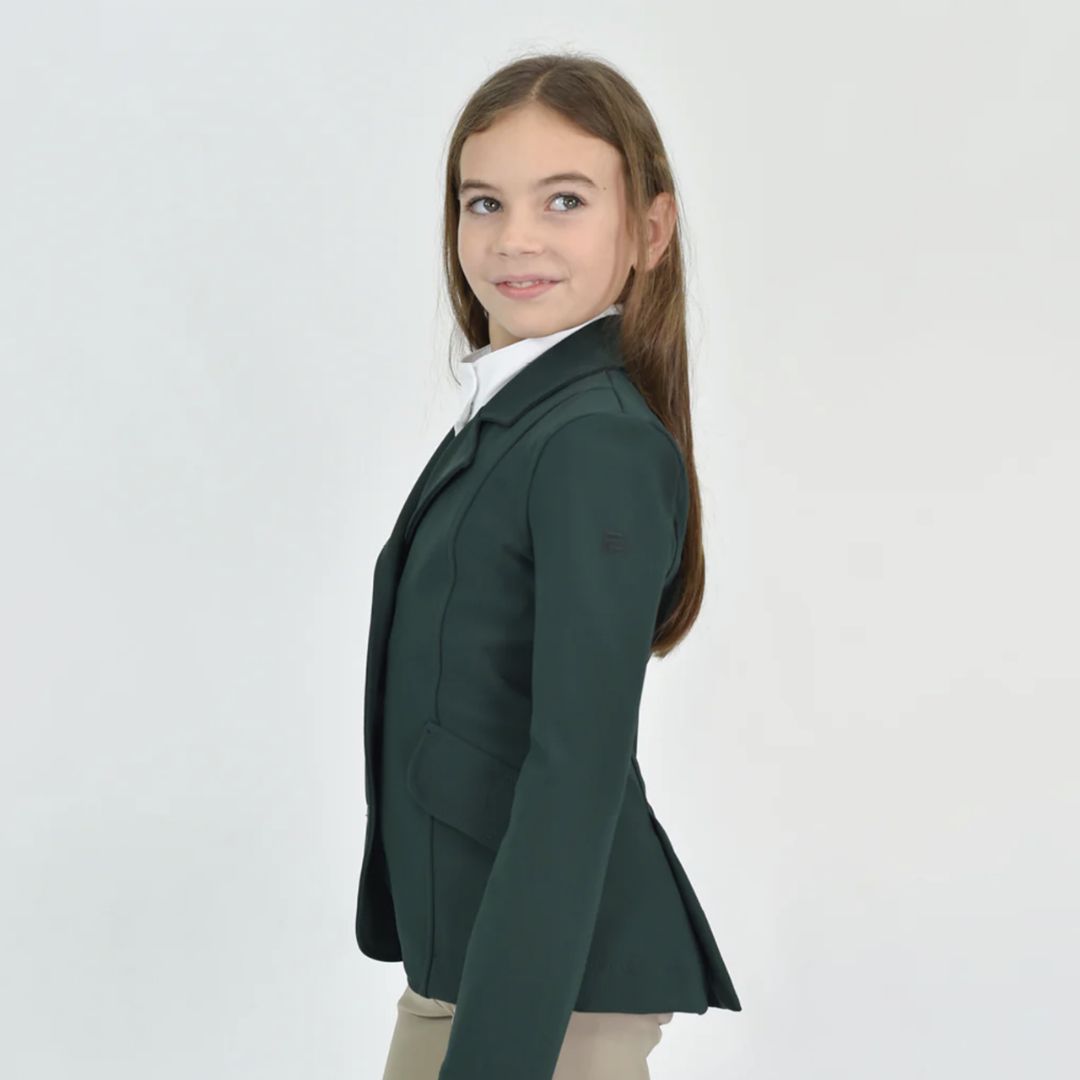 For Horses Winx Hunter Girls Show Jacket - Green; side view shown on young rider  | Young Rider Competition Clothing | Malvern Saddlery