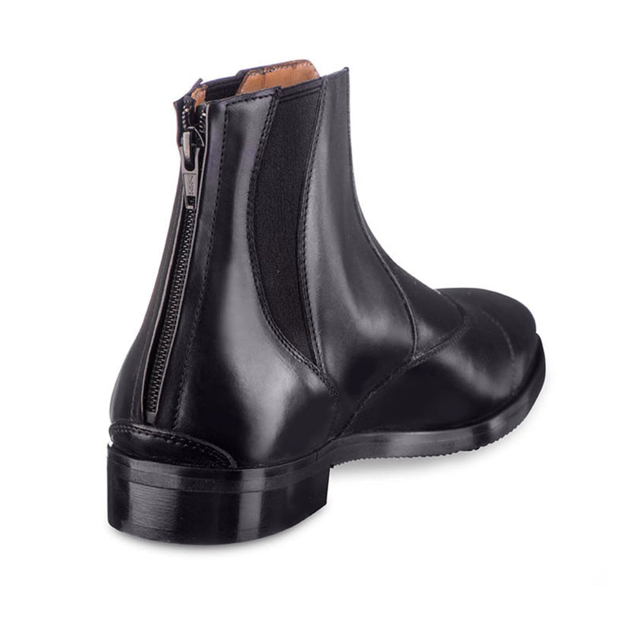 EGO7 Libra black leather equestrian riding paddock boot rear angle showing heel, back zipper, and elastic side panel