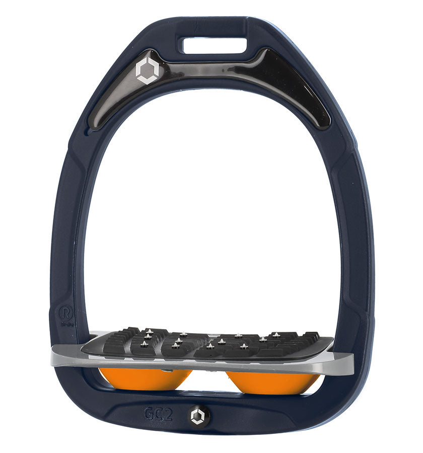 Flex-On Composite Equestrian Stirrups - Navy - with Gray Inclined Ultra Grip Footbed; orange shock absorbers | Malvern Saddlery