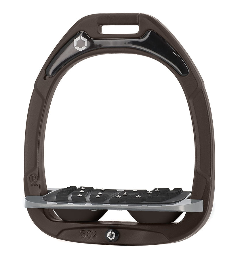 Flex-On Composite Equestrian Stirrups - Brown - with Gray Inclined Ultra Grip Footbed; Brown shock absorbers | Malvern Saddlery