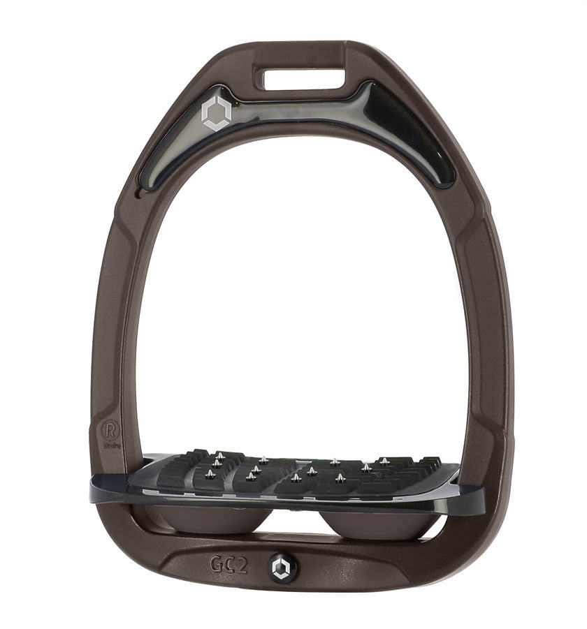 Flex-On Composite Equestrian Stirrups - Brown - with Black Inclined Ultra Grip Footbed; Brown shock absorbers | Malvern Saddlery
