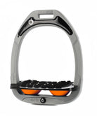 Flex-On Composite Equestrian Stirrups - Gray - with Black Inclined Ultra Grip Footbed; orange shock absorbers | Malvern Saddlery
